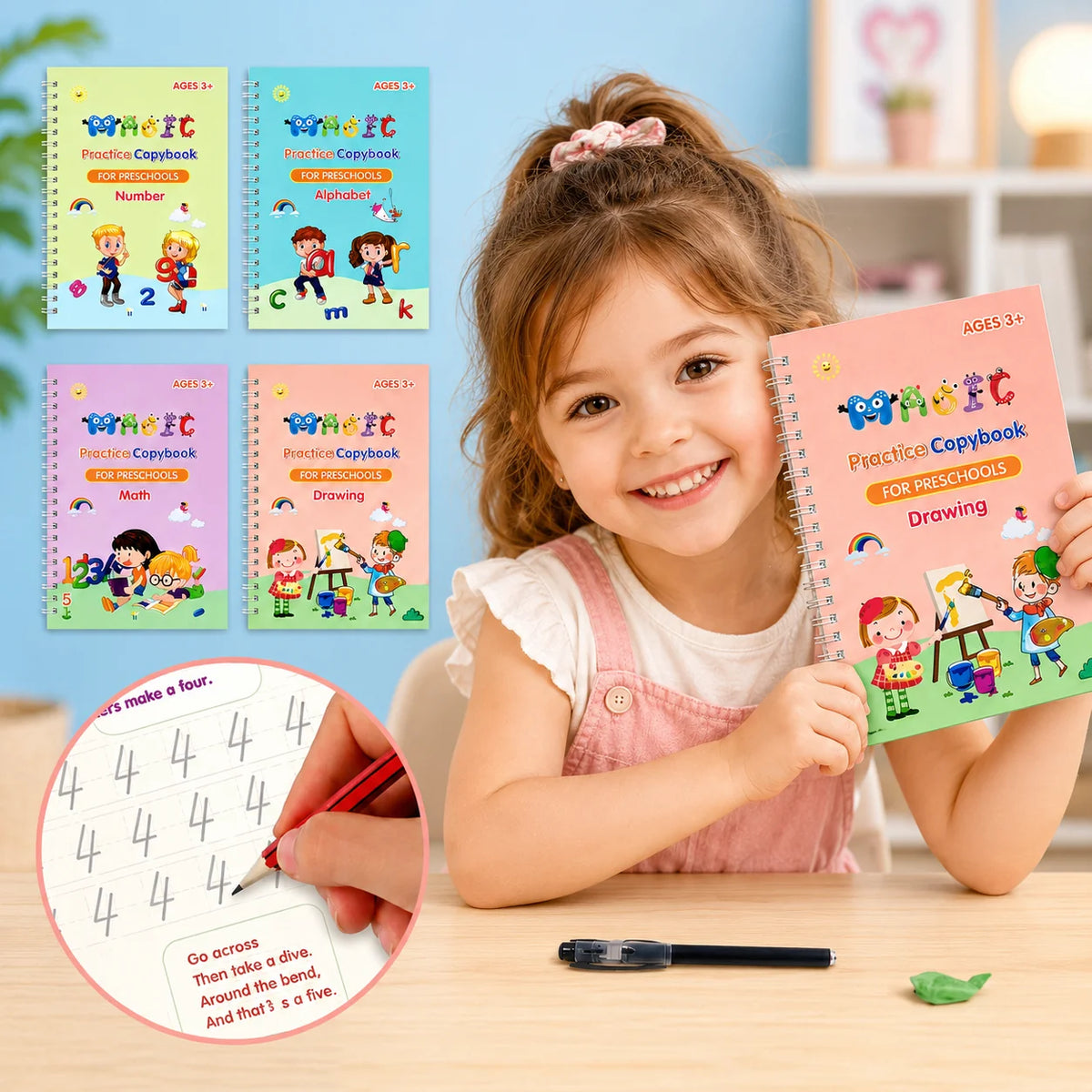 Magic Practice Copybook Set for Preschoolers – Number, Alphabet, Math & Drawing | Ages 3+